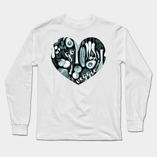 Go veggie // heart print // black background pine and mint vegetables Long Sleeve T-Shirt by SelmaCardoso